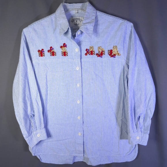 Solutions Kitten Present StripeButton Down Shirt Size M Vintage Embroidered Cats - Picture 1 of 8